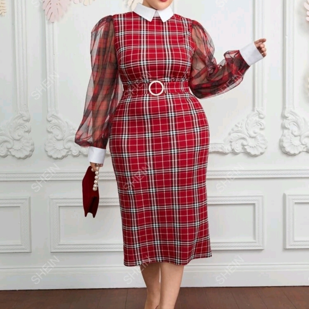 NEW Plus Size Plaid Midi Dress with mesh sheer sleeves.